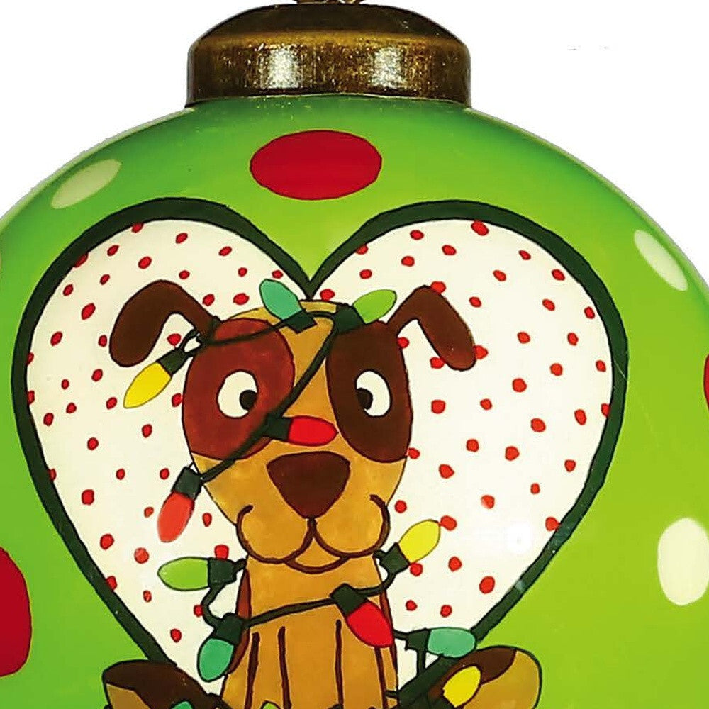 Charming Dog in a Heart Hand Painted Mouth Blown Glass Ornament W2B