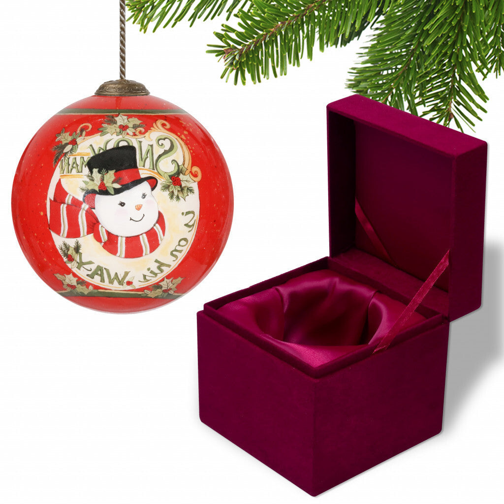 Festive Snowman on his way Hand Painted Mouth Blown Glass Ornament W2B