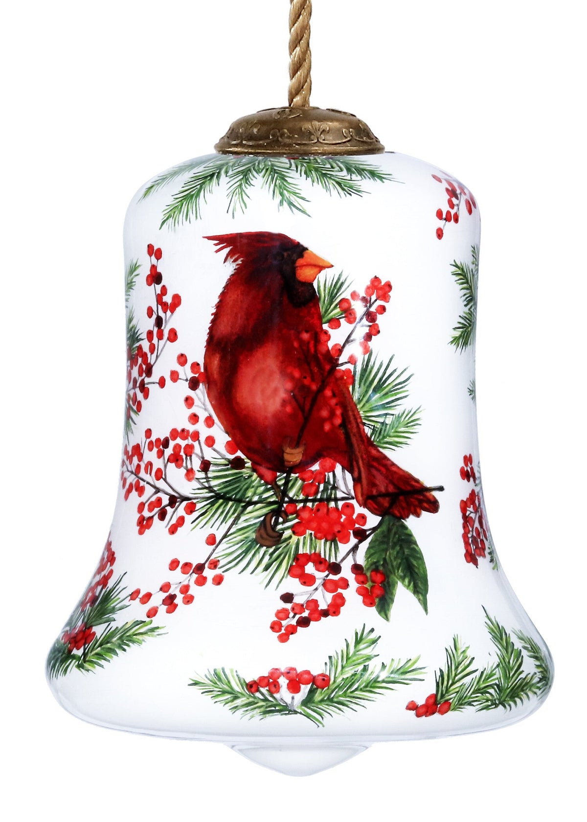 Cardinal Perched on Winter Berries Hand Painted Mouth Blown Glass Ornament W2B