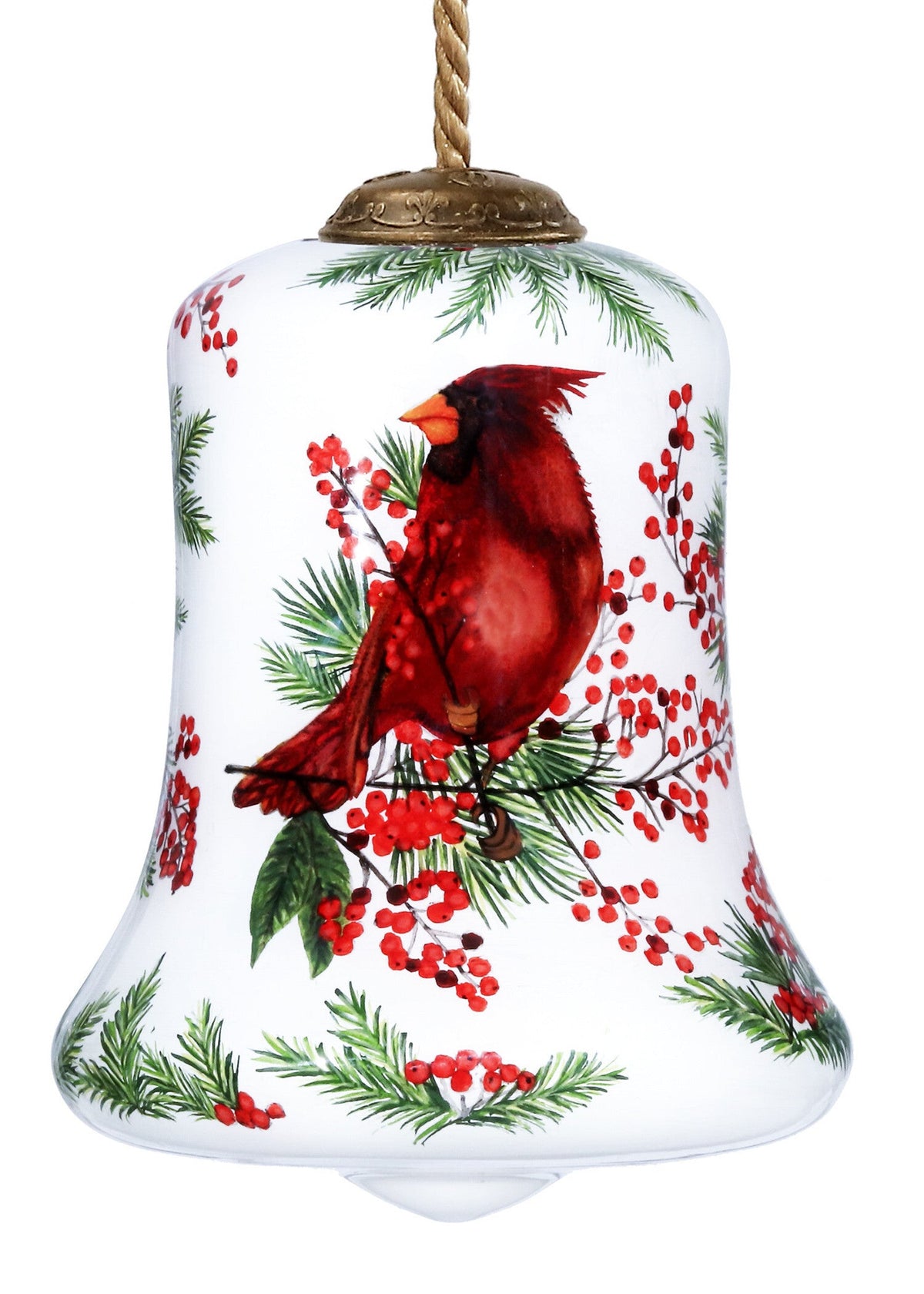 Cardinal Perched on Winter Berries Hand Painted Mouth Blown Glass Ornament W2B