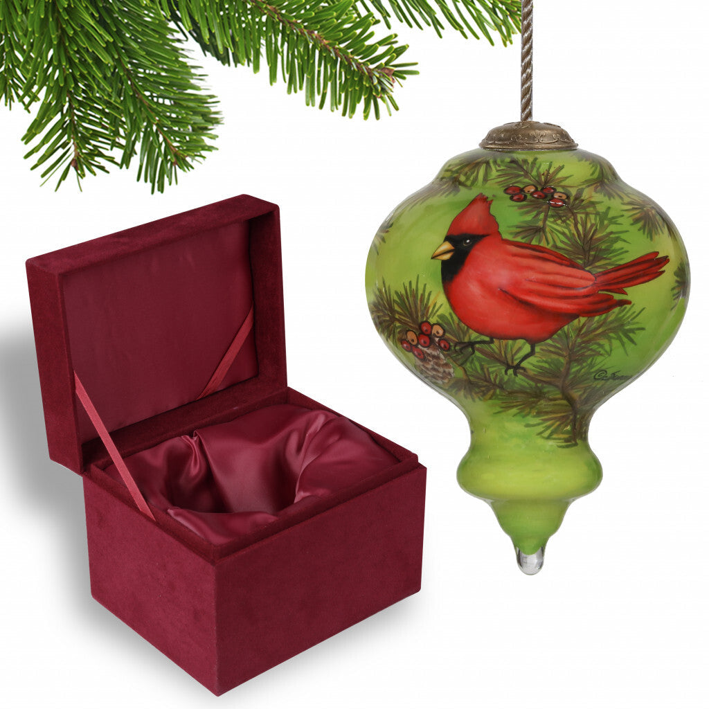 Red Majestic Cardinal Hand Painted Mouth Blown Glass Ornament W2B