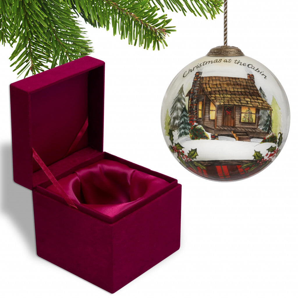 Vintage Christmas at the Cabin Hand Painted Mouth Blown Glass Ornament W2B