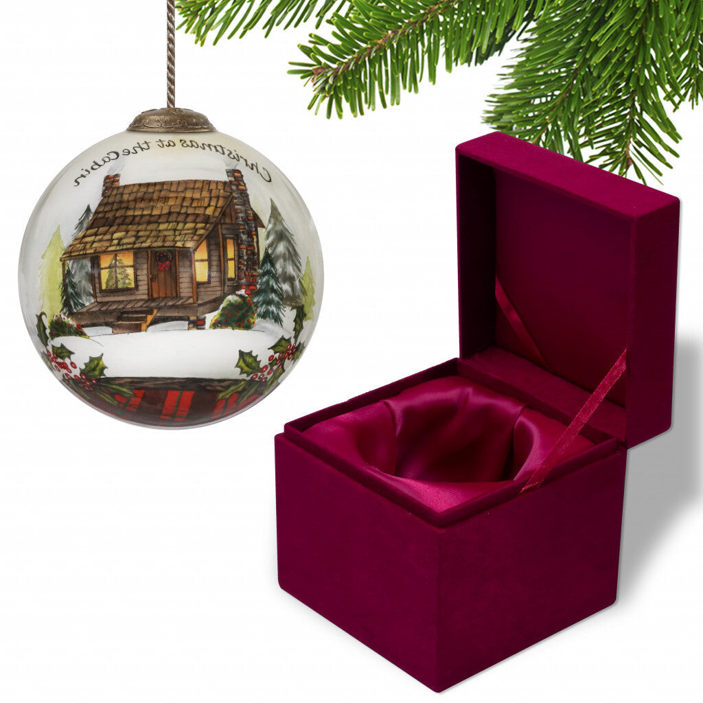 Vintage Christmas at the Cabin Hand Painted Mouth Blown Glass Ornament W2B