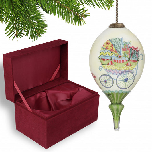 Baby Carriage with Presents Hand Painted Mouth Blown Glass Ornament W2B