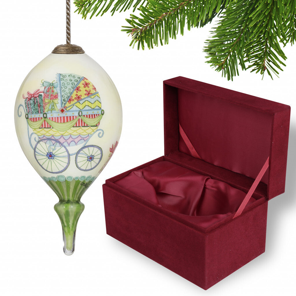 Baby Carriage with Presents Hand Painted Mouth Blown Glass Ornament W2B