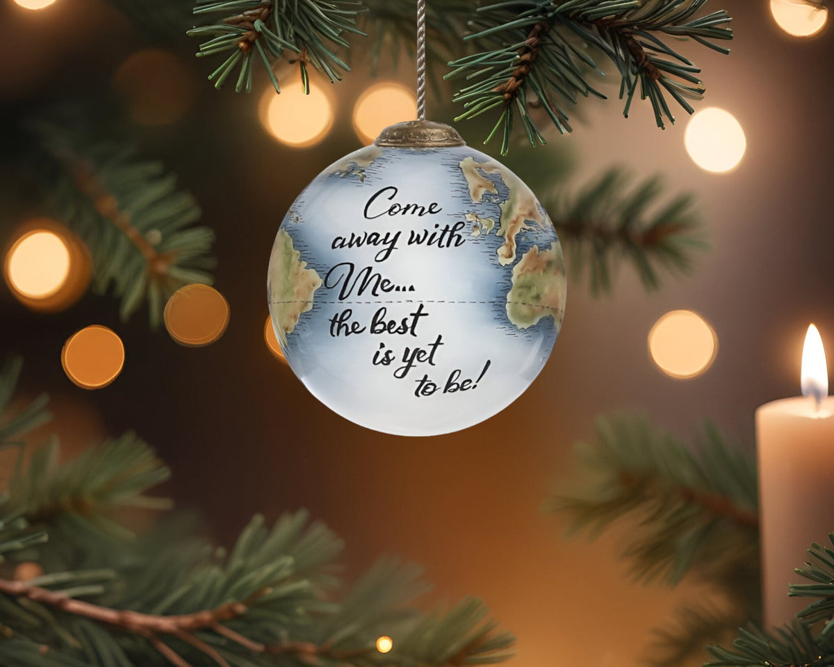 Globe Come Away with Me Hand Painted Mouth Blown Glass Ornament W2B