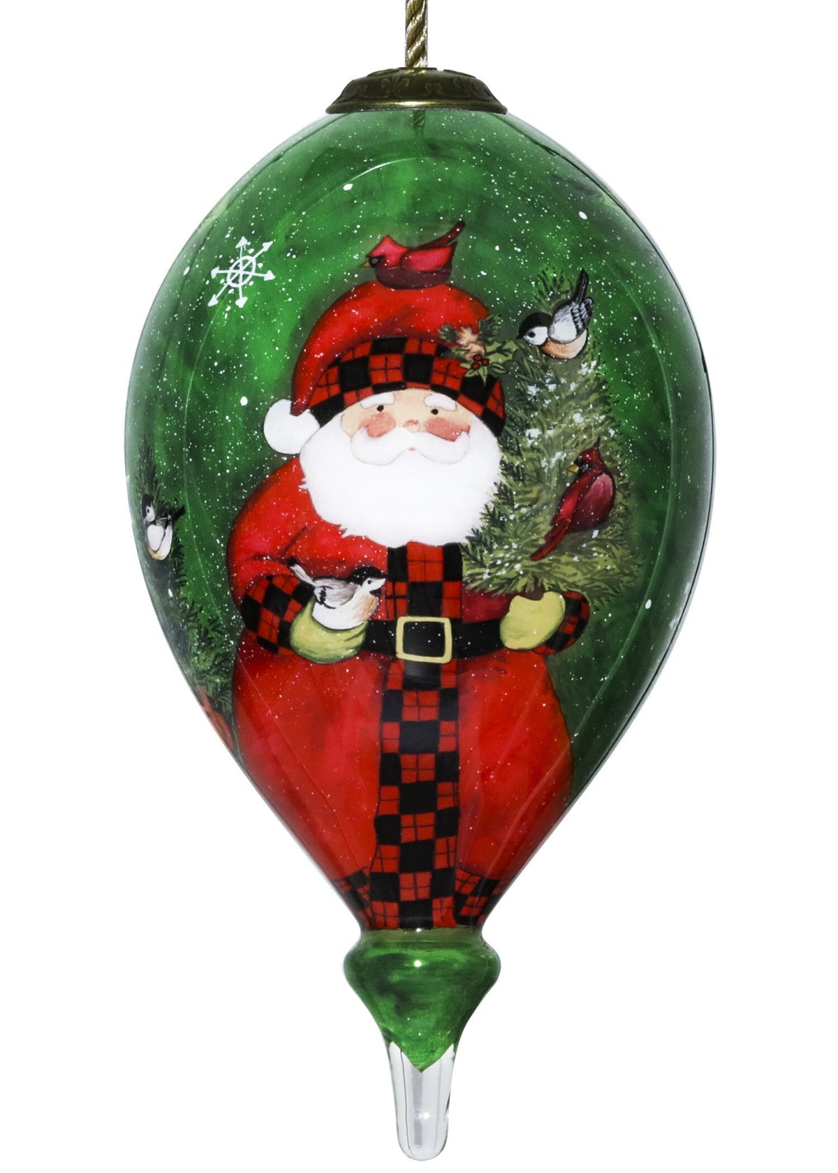 Green Plaid Santa Hand Painted Mouth Blown Glass Ornament W2B