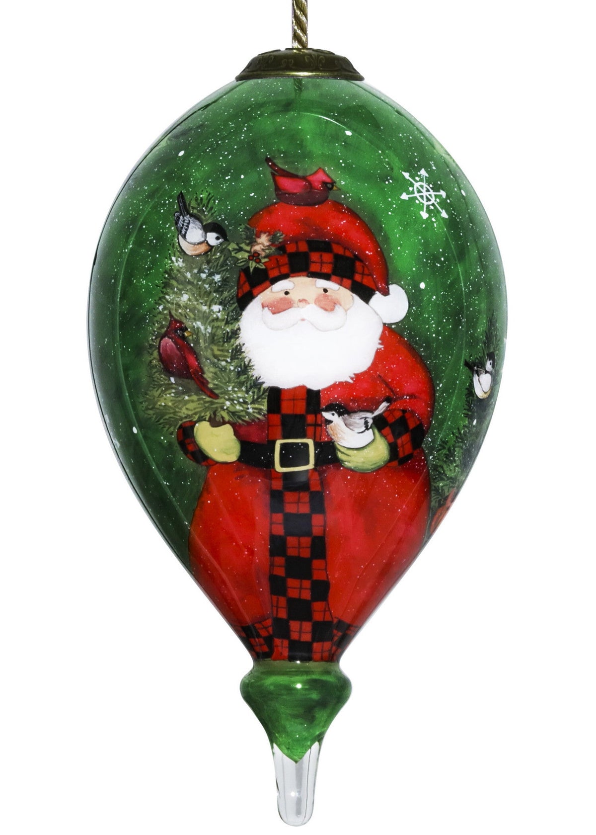 Green Plaid Santa Hand Painted Mouth Blown Glass Ornament W2B