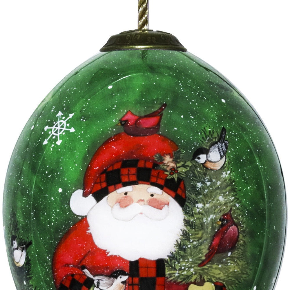 Green Plaid Santa Hand Painted Mouth Blown Glass Ornament W2B