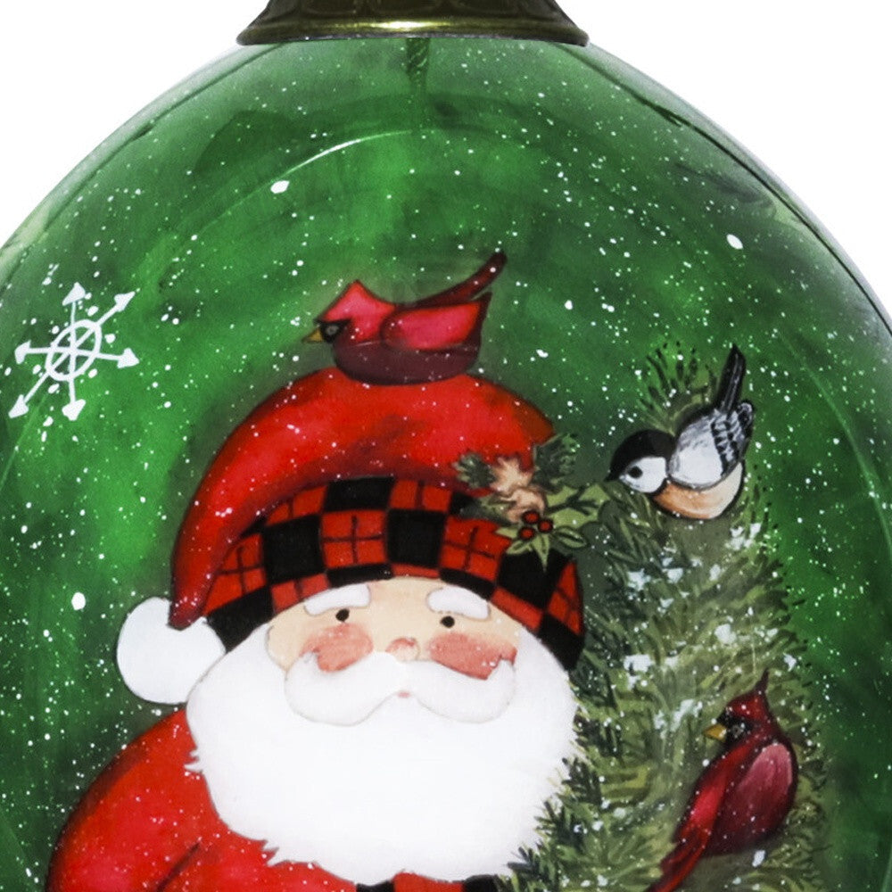 Green Plaid Santa Hand Painted Mouth Blown Glass Ornament W2B