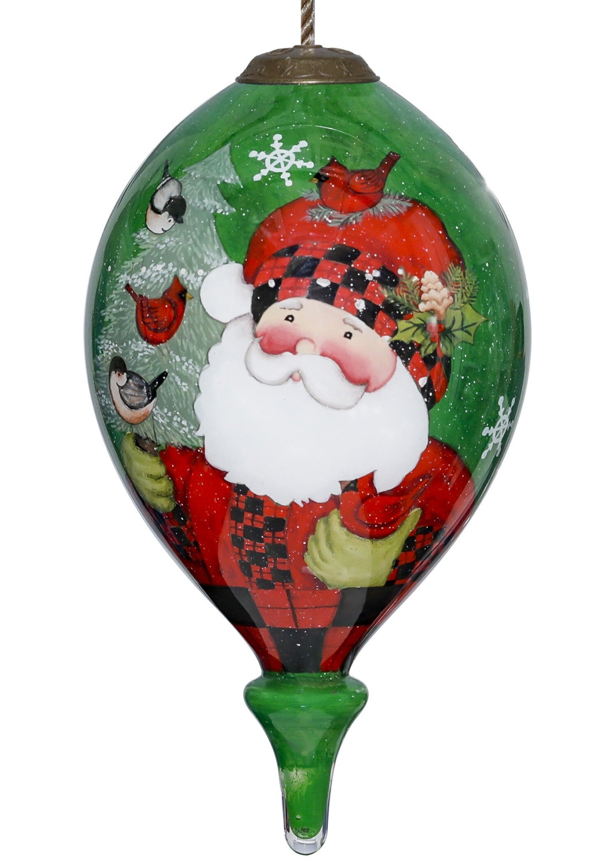 Plaid Santa with Cardinals Hand Painted Mouth Blown Glass Ornament W2B