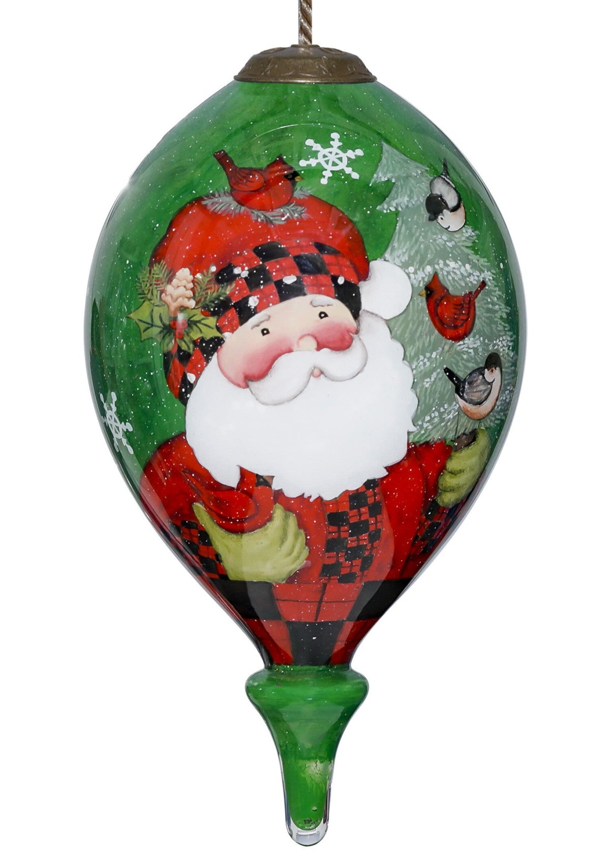 Plaid Santa with Cardinals Hand Painted Mouth Blown Glass Ornament W2B