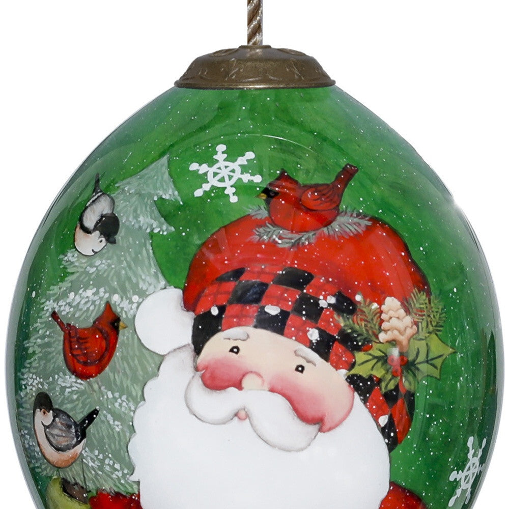 Plaid Santa with Cardinals Hand Painted Mouth Blown Glass Ornament W2B