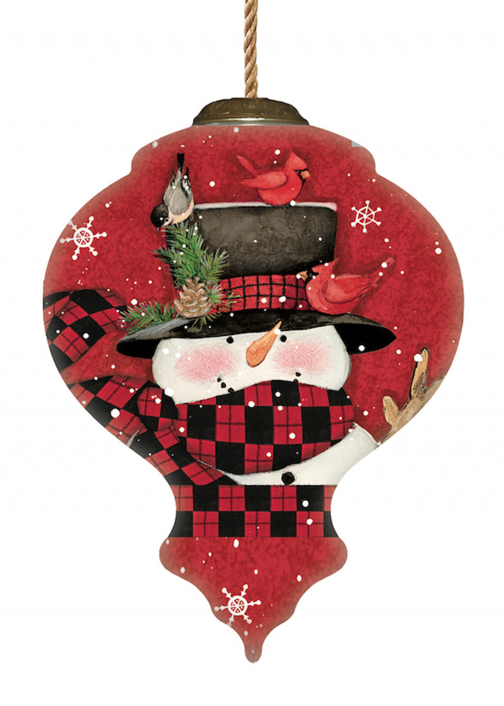 Plaid Snowman and Cardinals Hand Painted Mouth Blown Glass Ornament W2B