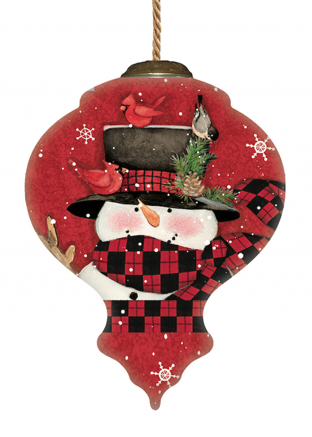 Plaid Snowman and Cardinals Hand Painted Mouth Blown Glass Ornament W2B