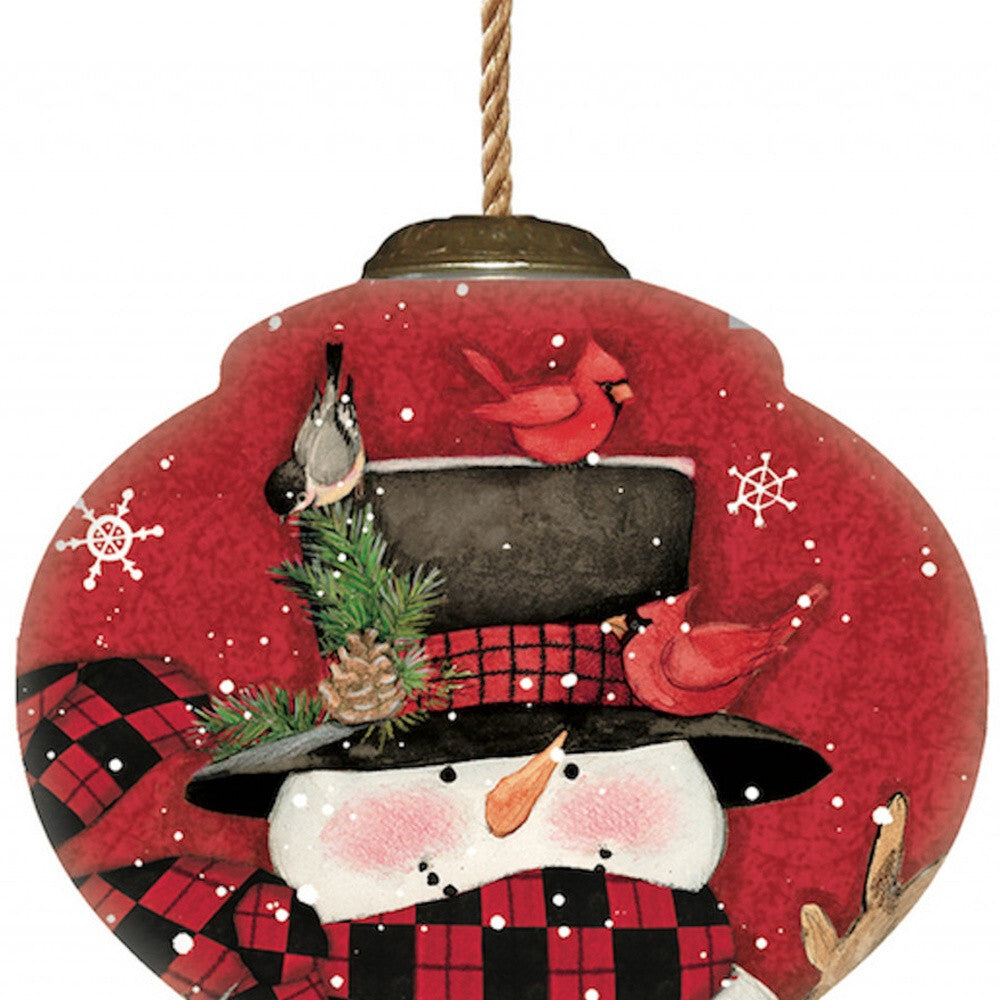Plaid Snowman and Cardinals Hand Painted Mouth Blown Glass Ornament W2B