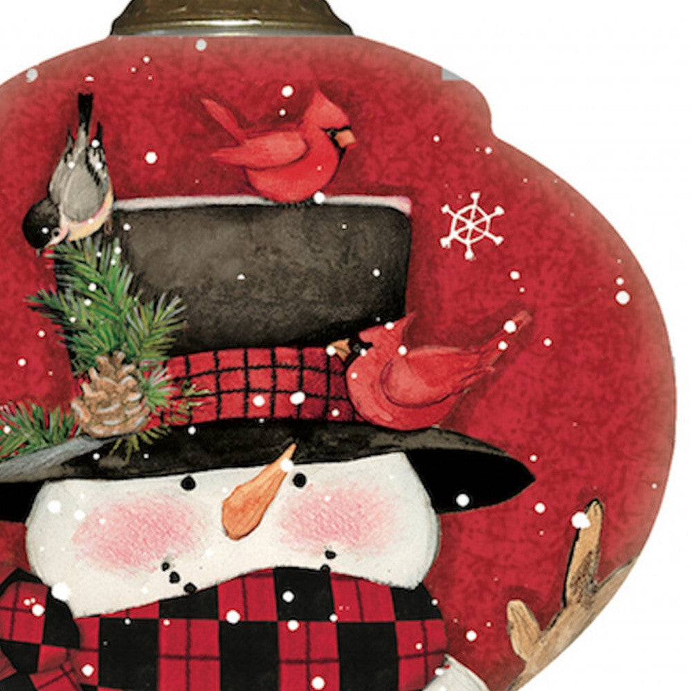 Plaid Snowman and Cardinals Hand Painted Mouth Blown Glass Ornament W2B