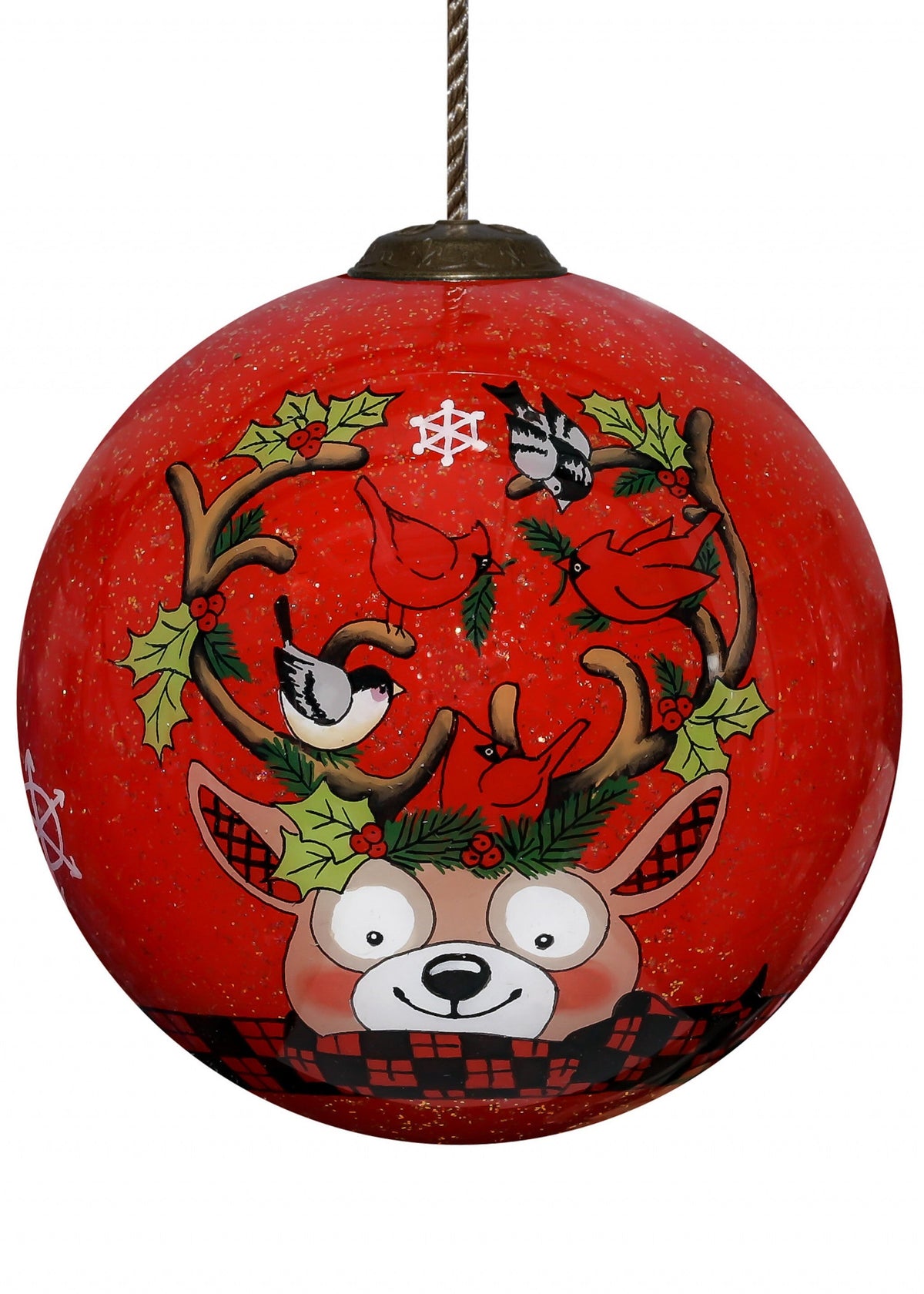 Reindeer with Plaids and Cardinals Hand Painted Mouth Blown Glass Ornament W2B
