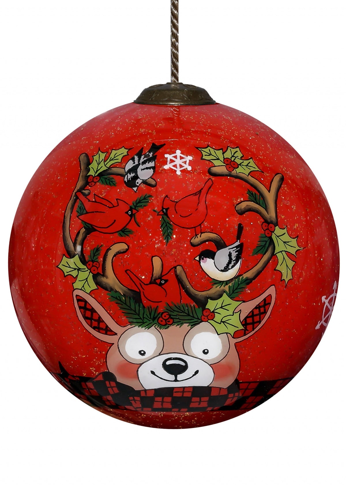 Reindeer with Plaids and Cardinals Hand Painted Mouth Blown Glass Ornament W2B
