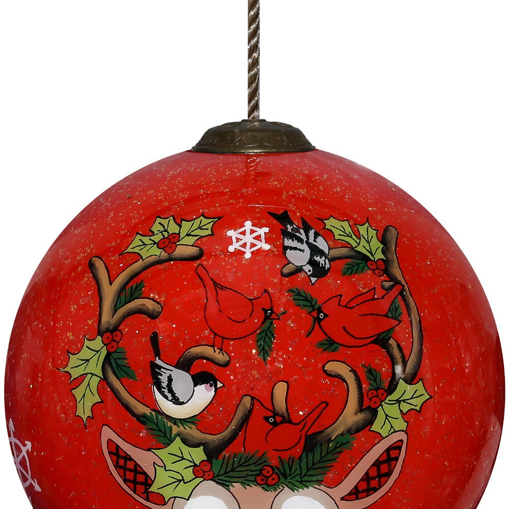 Reindeer with Plaids and Cardinals Hand Painted Mouth Blown Glass Ornament W2B