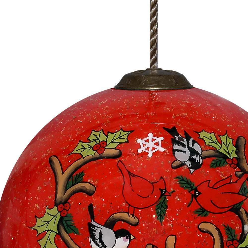 Reindeer with Plaids and Cardinals Hand Painted Mouth Blown Glass Ornament W2B