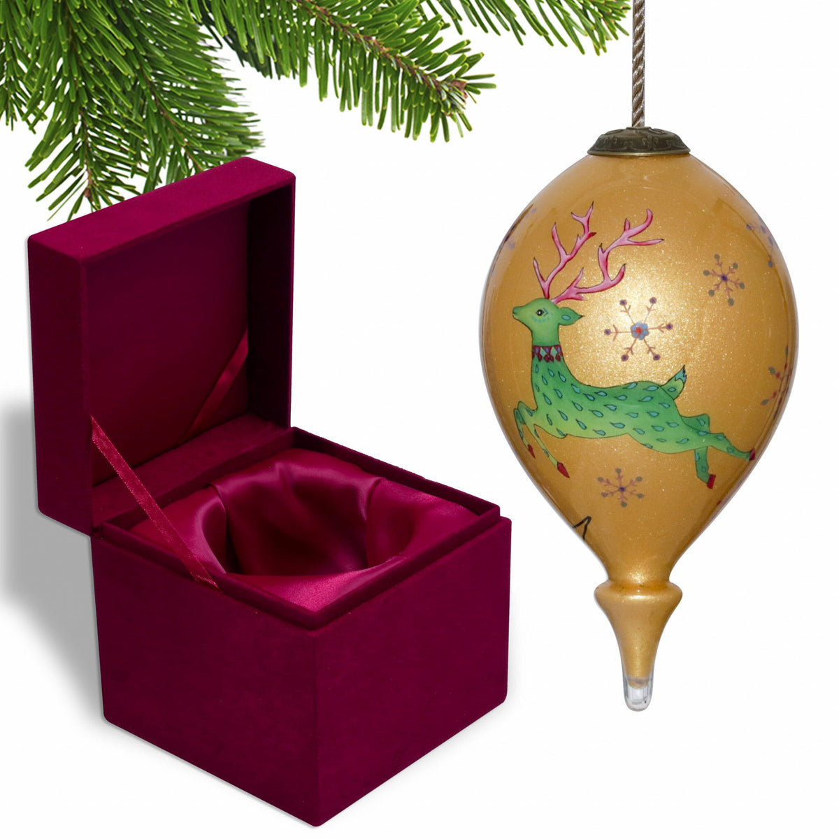 Golden Reindeer and Snowflakes Hand Painted Mouth Blown Glass Ornament W2B
