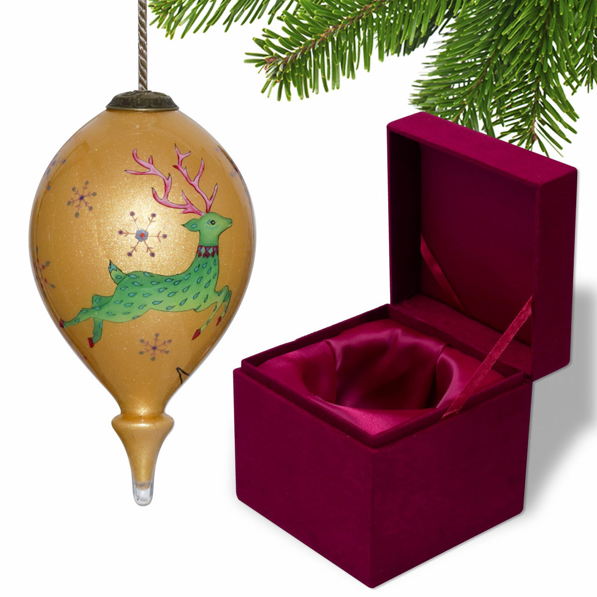 Golden Reindeer and Snowflakes Hand Painted Mouth Blown Glass Ornament W2B