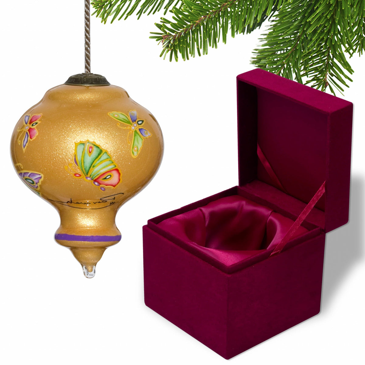 Golden Extravagant Butterflies Hand Painted Mouth Blown Glass Ornament W2B