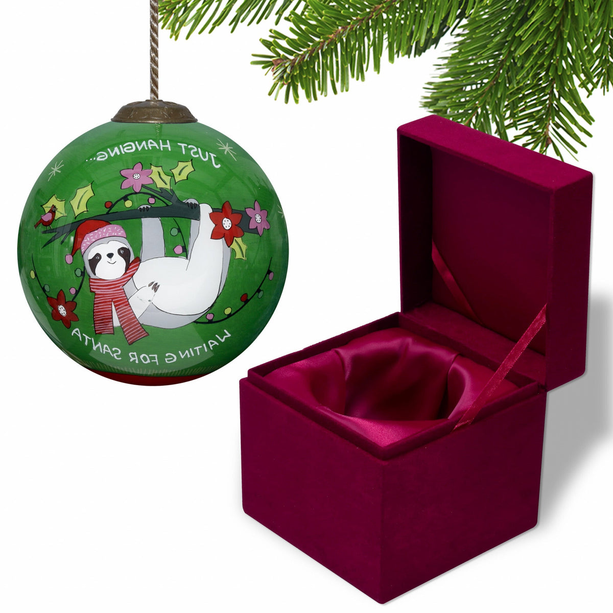 Just Hanging Sloth Merry Lights Hand Painted Mouth Blown Glass Ornament W2B