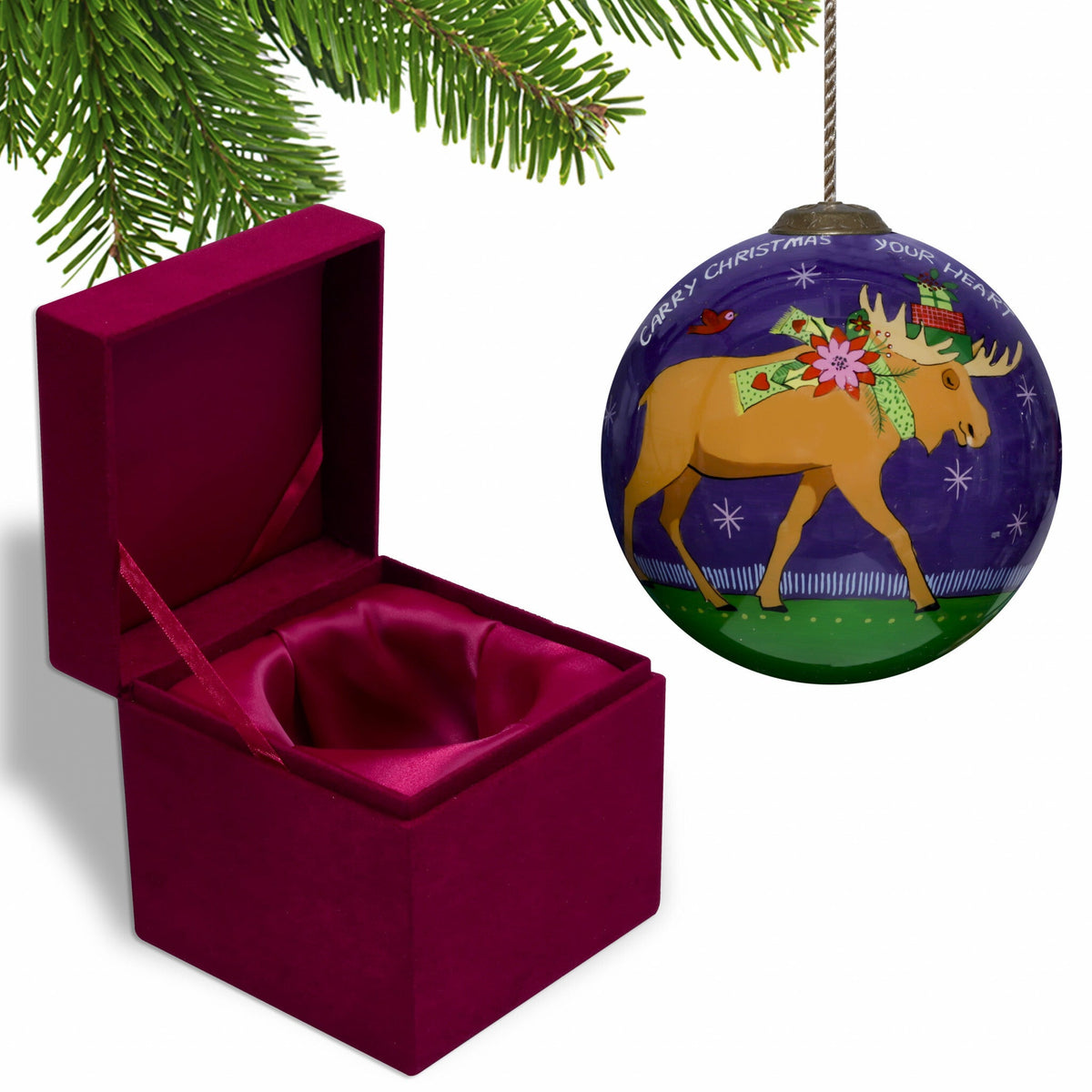 Christmas Moose Walking Hand Painted Mouth Blown Glass Ornament W2B
