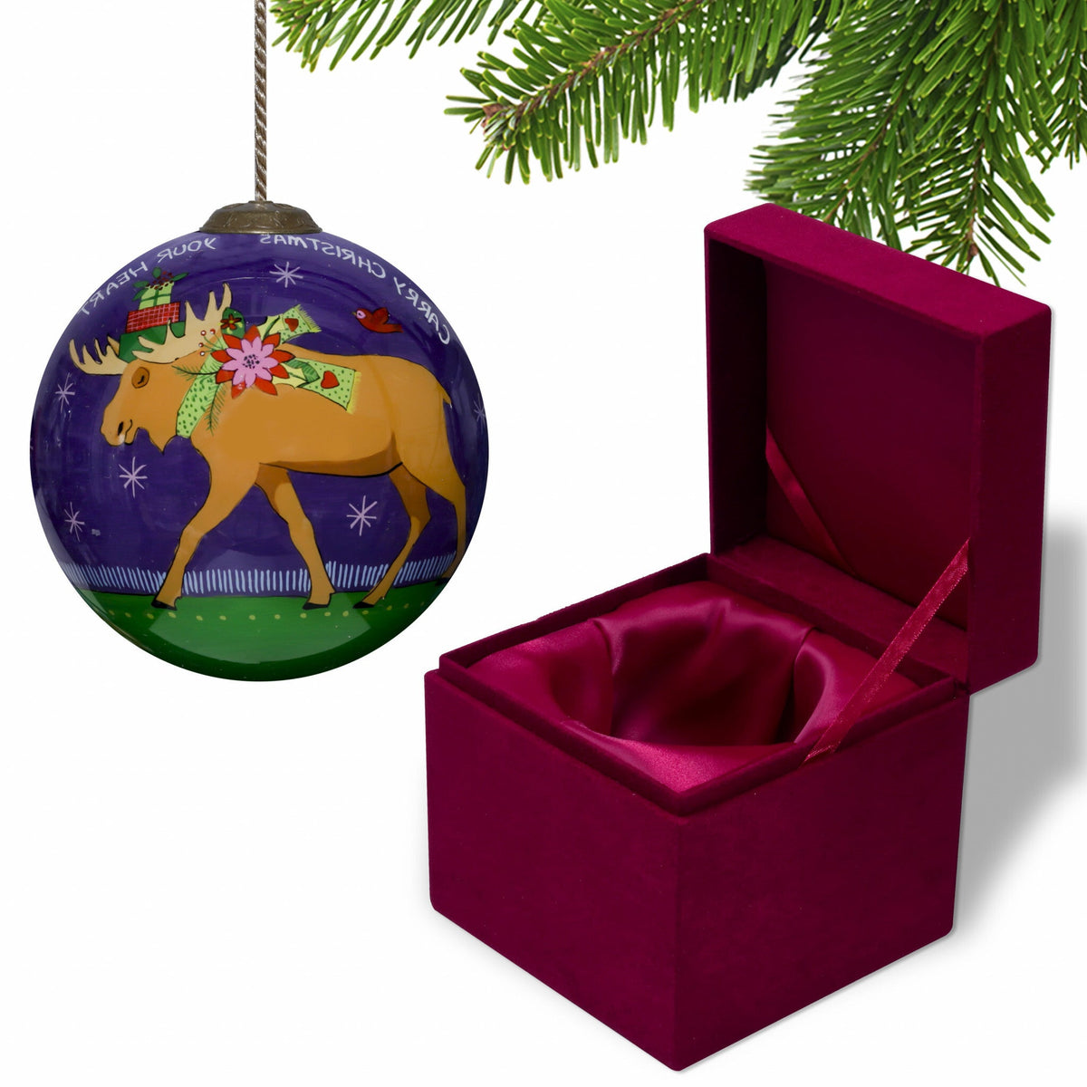 Christmas Moose Walking Hand Painted Mouth Blown Glass Ornament W2B