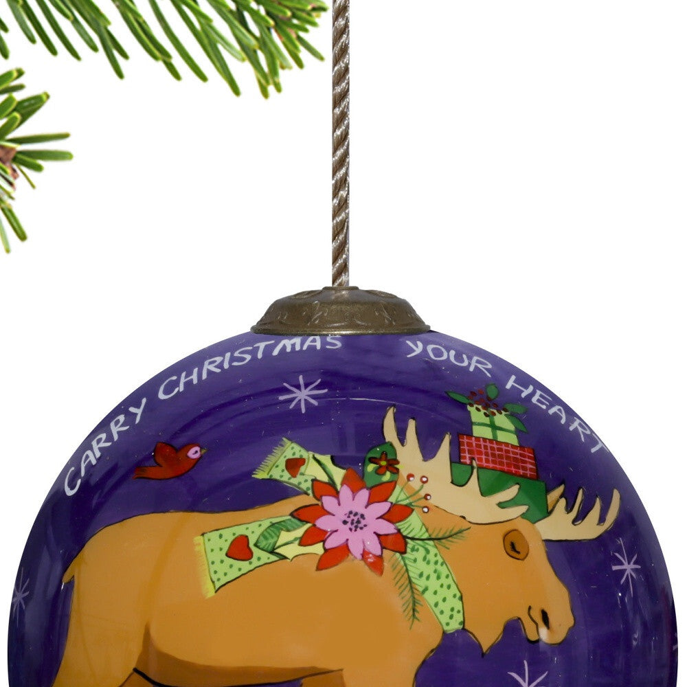 Christmas Moose Walking Hand Painted Mouth Blown Glass Ornament W2B