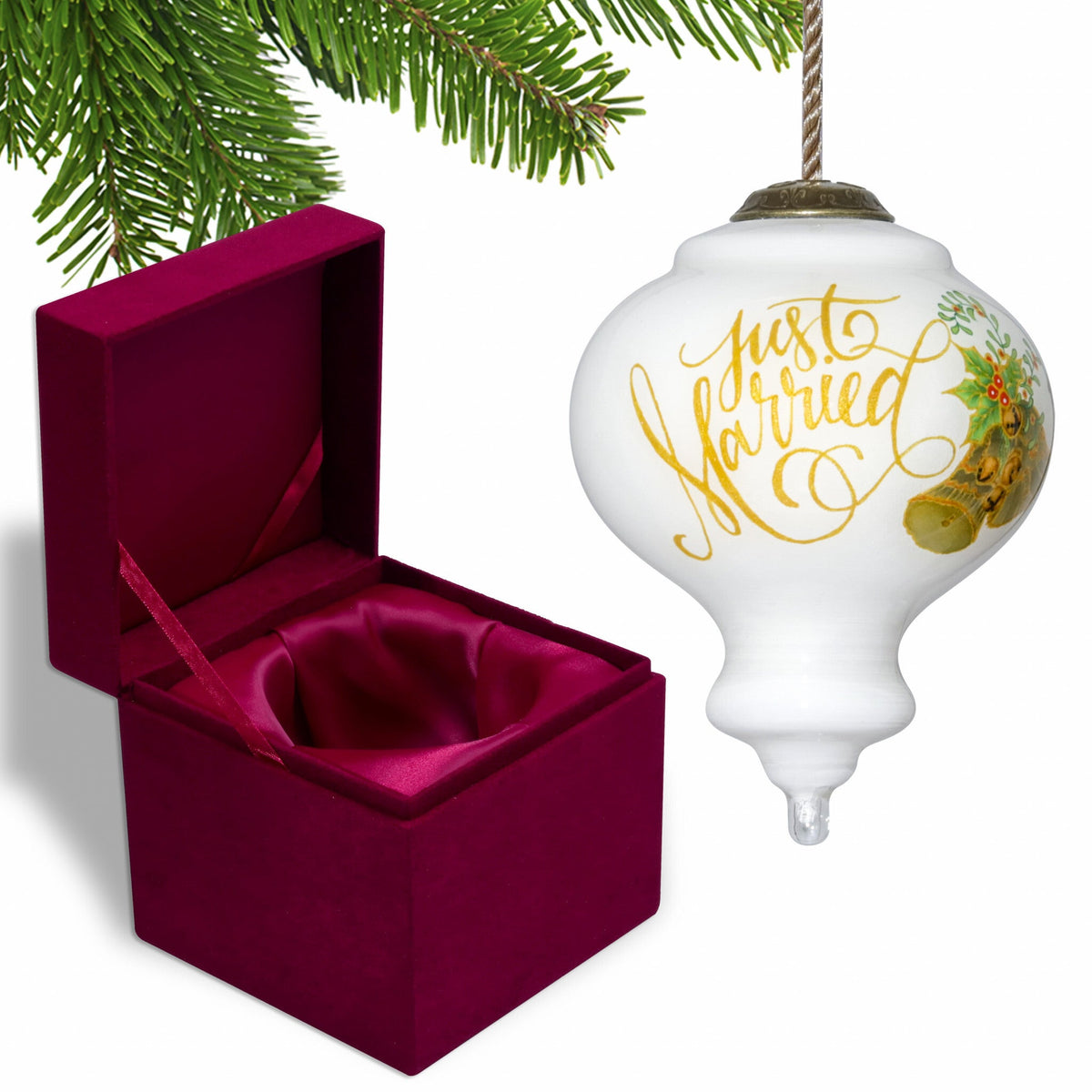 Authentic Just Married  Hand Painted Mouth Blown Glass Ornament W2B