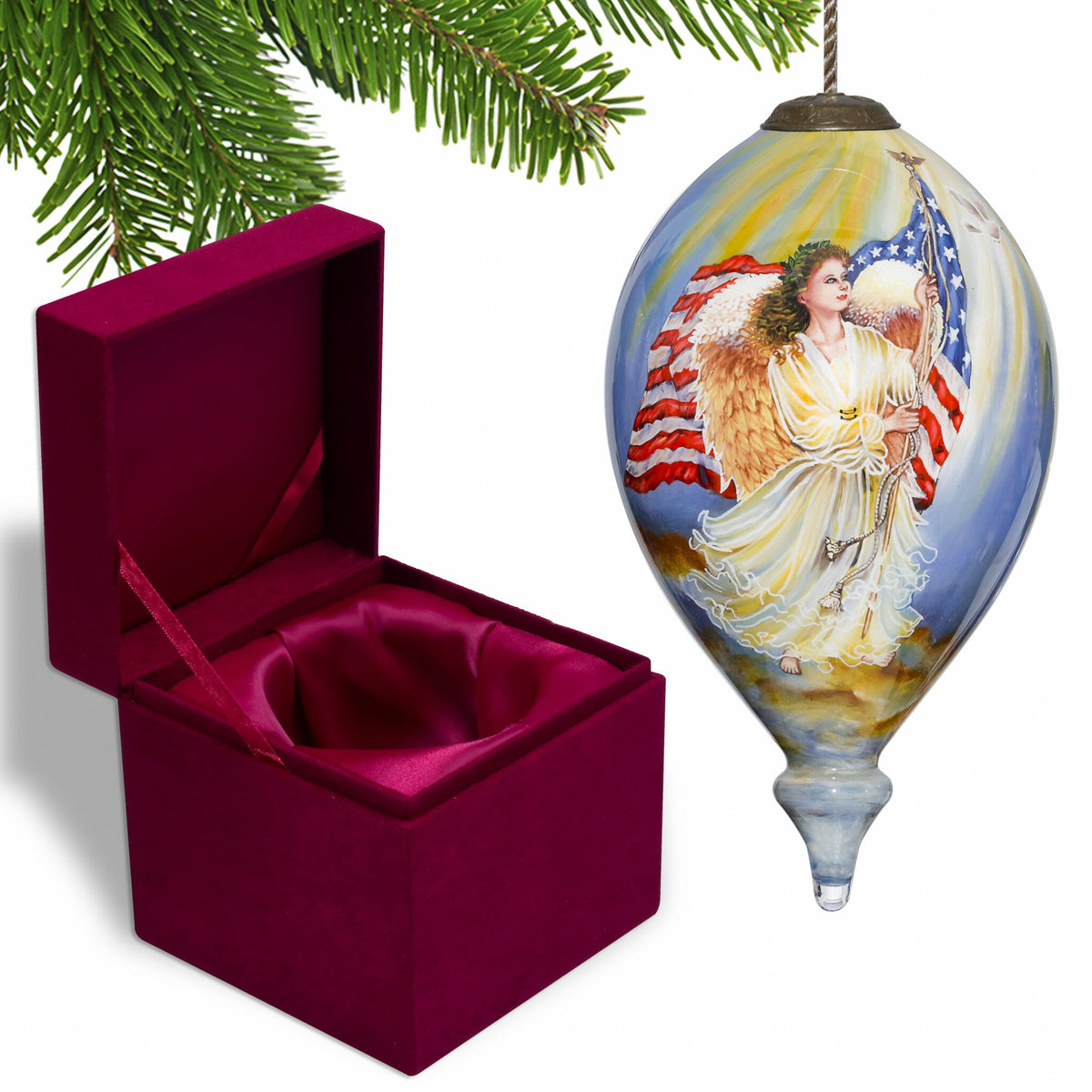 American Flag Angel Hand Painted Mouth Blown Glass Ornament W2B
