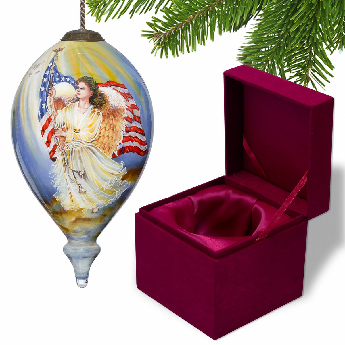 American Flag Angel Hand Painted Mouth Blown Glass Ornament W2B