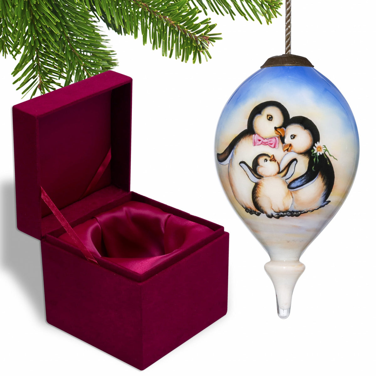 Family of Penguins Hand Painted Mouth Blown Glass Ornament W2B
