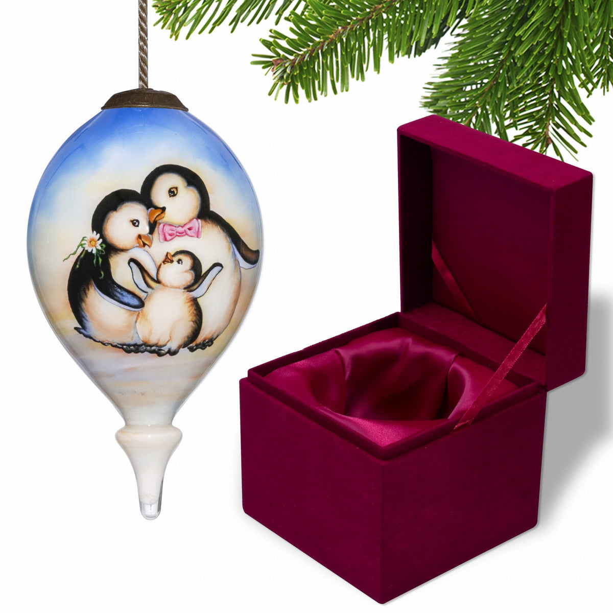 Family of Penguins Hand Painted Mouth Blown Glass Ornament W2B