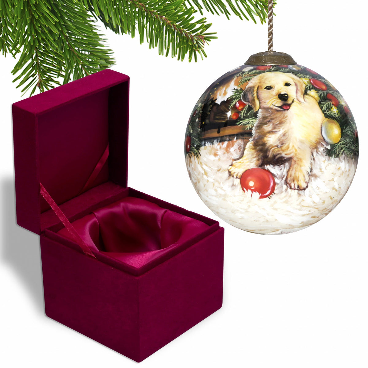 Puppy under the Christmas Tree Hand Painted Mouth Blown Glass Ornament W2B