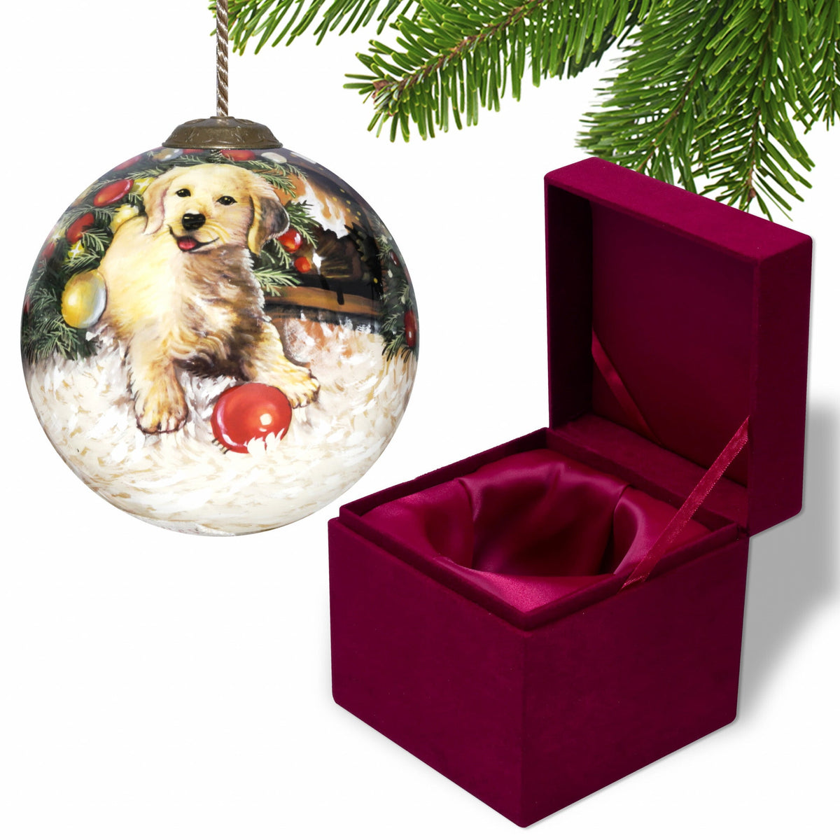 Puppy under the Christmas Tree Hand Painted Mouth Blown Glass Ornament W2B