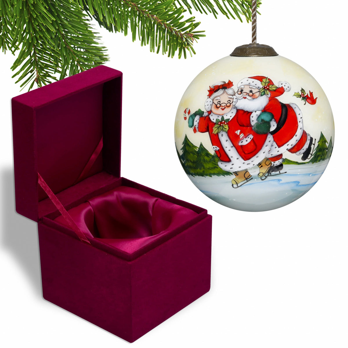 Ice Skating Mr. and Mrs. Santa Hand Painted Mouth Blown Glass Ornament W2B