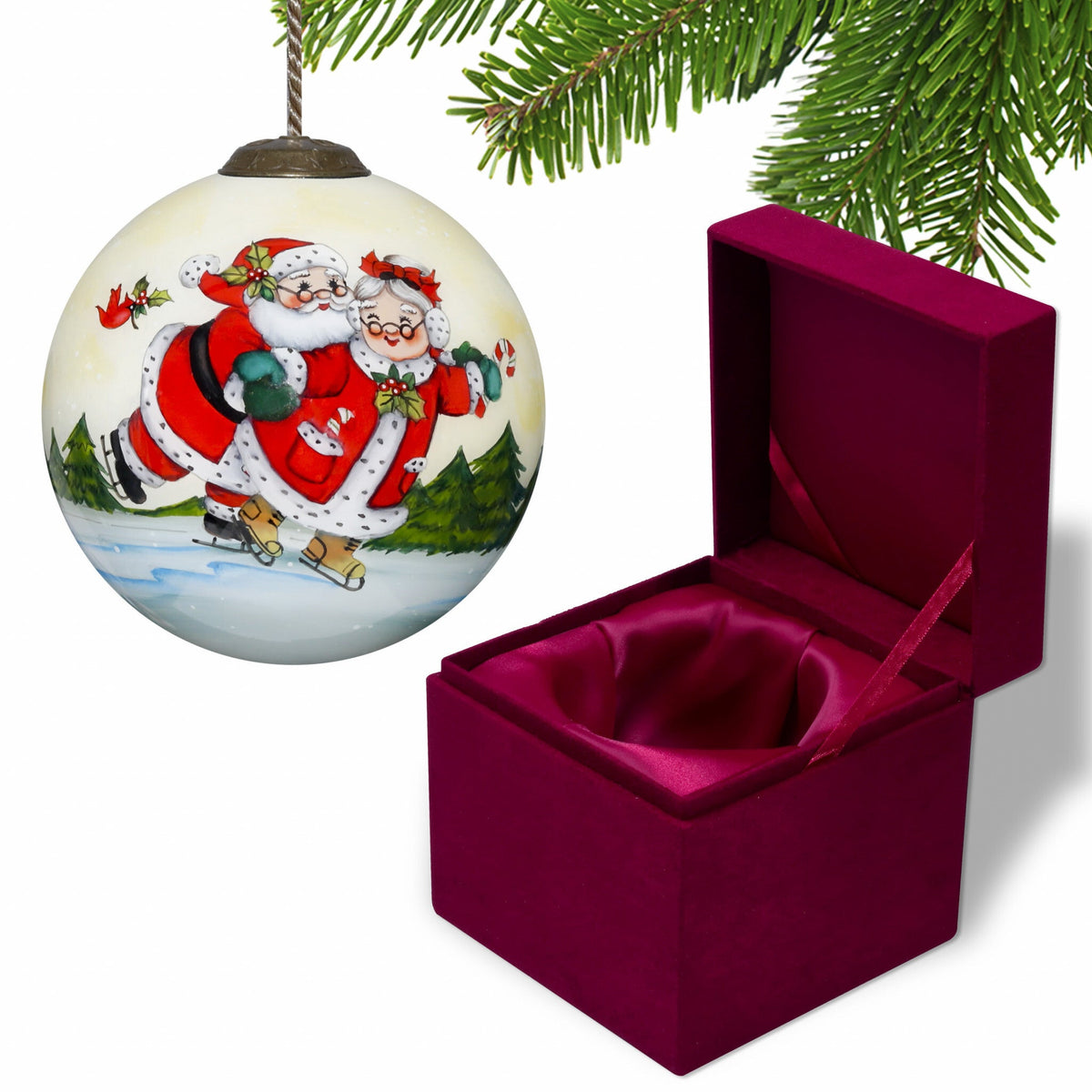 Ice Skating Mr. and Mrs. Santa Hand Painted Mouth Blown Glass Ornament W2B