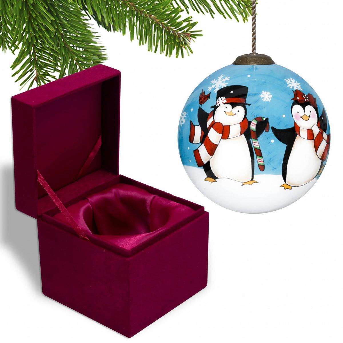 Anywhere with You is Always Better Penguin Hand Painted Mouth Blown Glass Ornament W2B