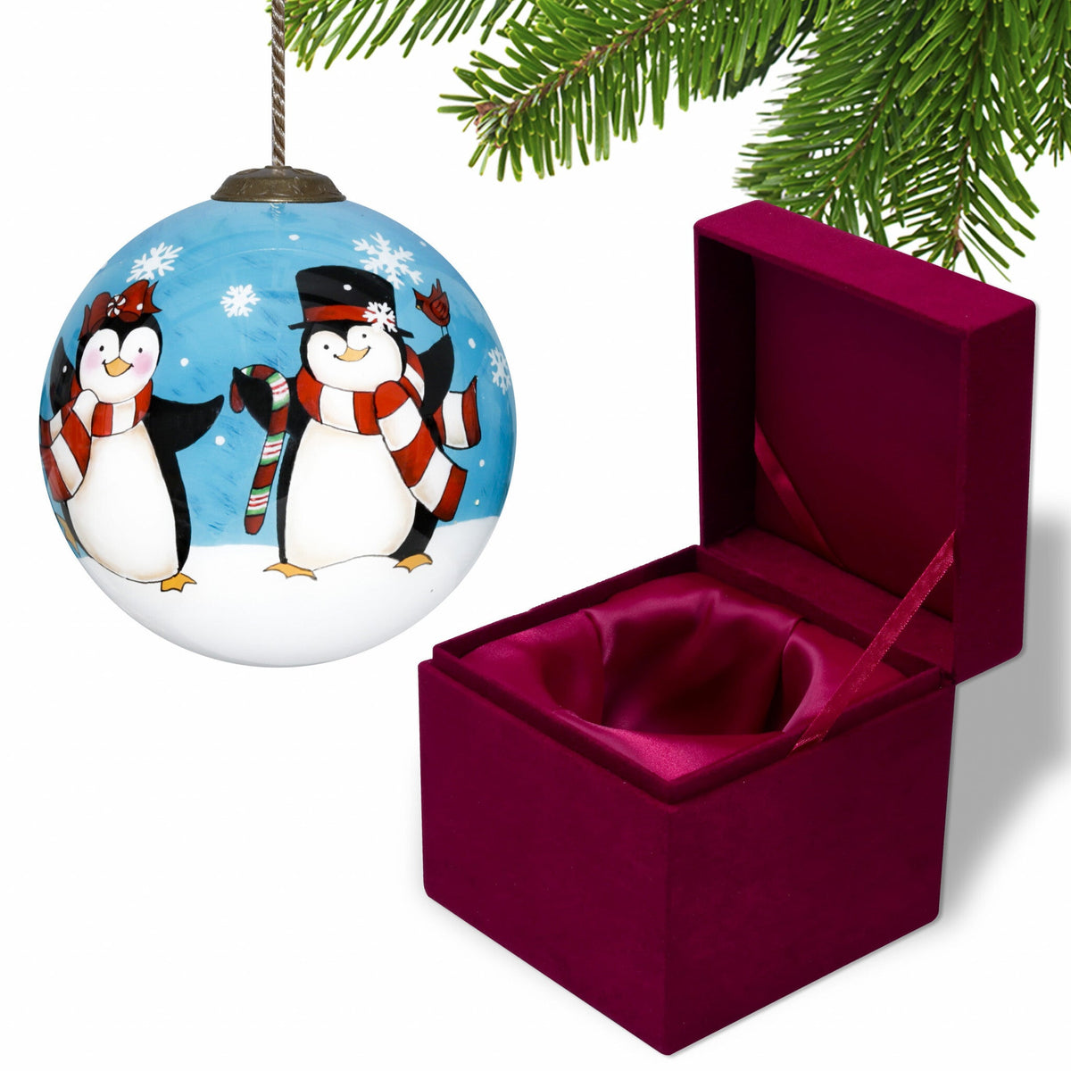 Anywhere with You is Always Better Penguin Hand Painted Mouth Blown Glass Ornament W2B