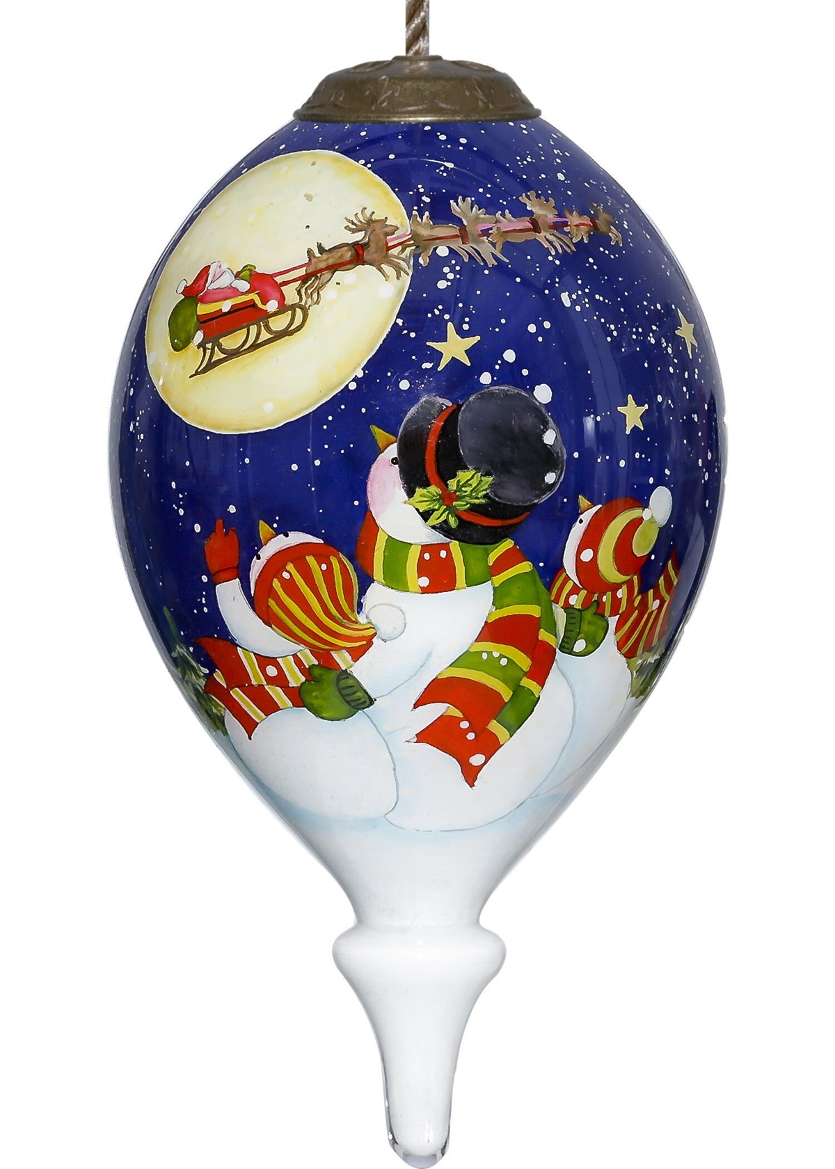 Snowmen Family Watching Santa on a Sleigh Hand Painted Mouth Blown Glass Ornament W2B