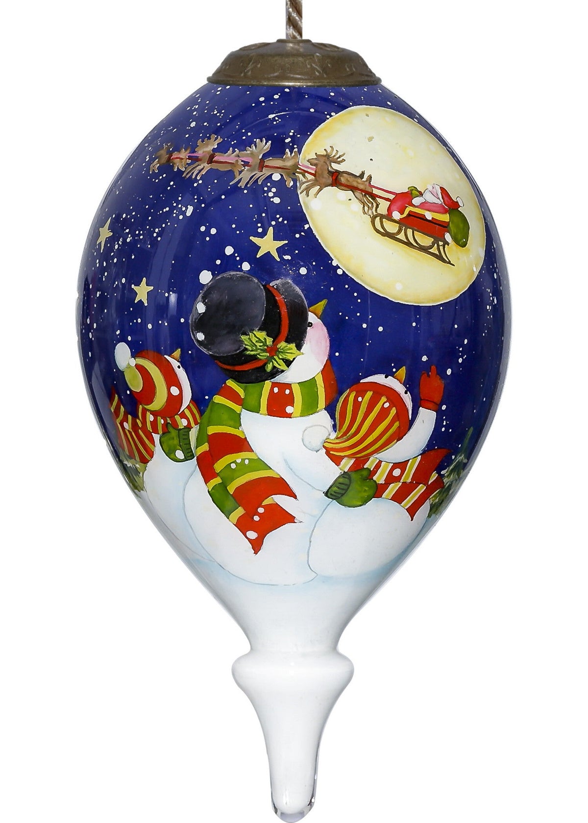 Snowmen Family Watching Santa on a Sleigh Hand Painted Mouth Blown Glass Ornament W2B