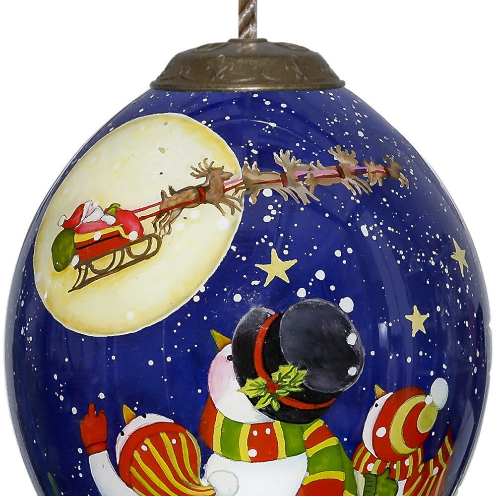 Snowmen Family Watching Santa on a Sleigh Hand Painted Mouth Blown Glass Ornament W2B