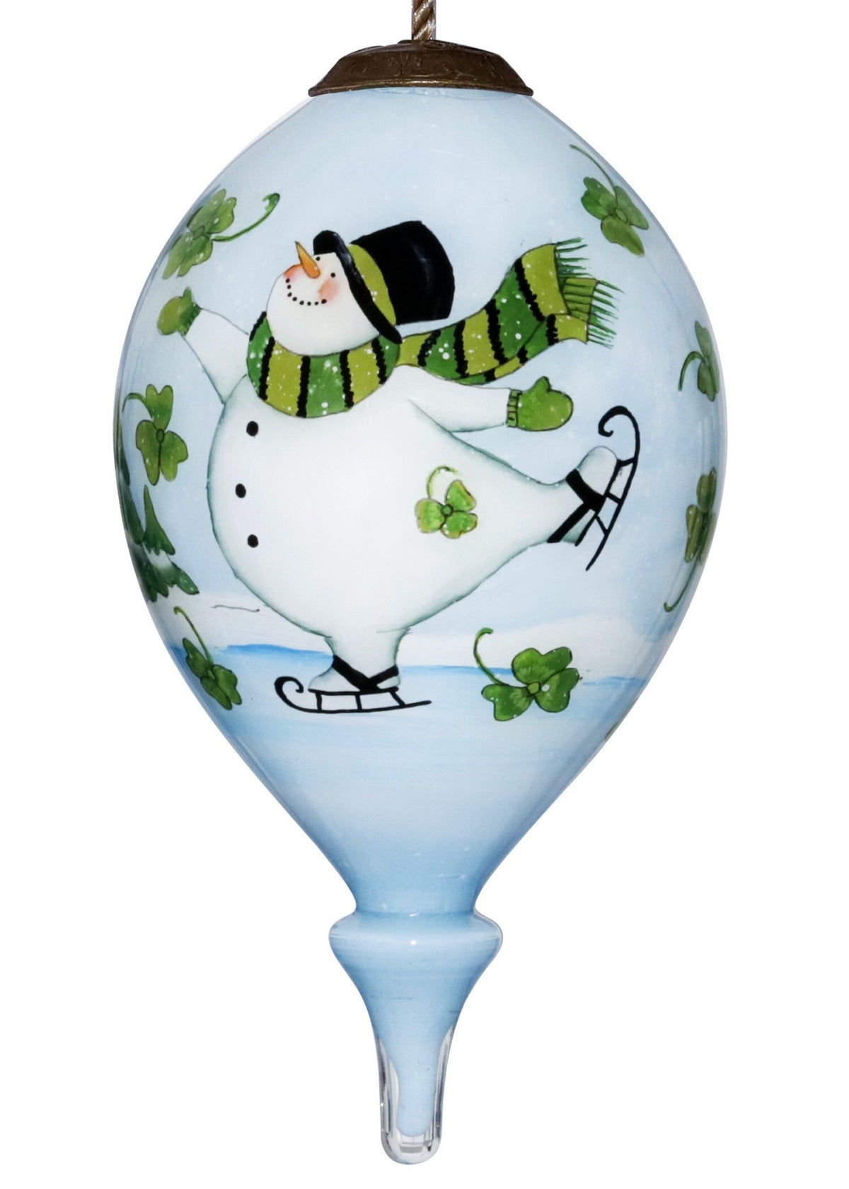 Ice Skating Shamrock Snowman Hand Painted Mouth Blown Glass Ornament W2B