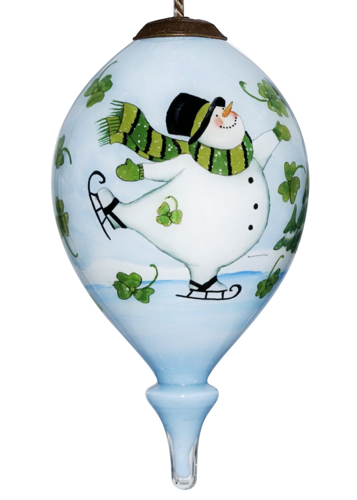 Ice Skating Shamrock Snowman Hand Painted Mouth Blown Glass Ornament W2B