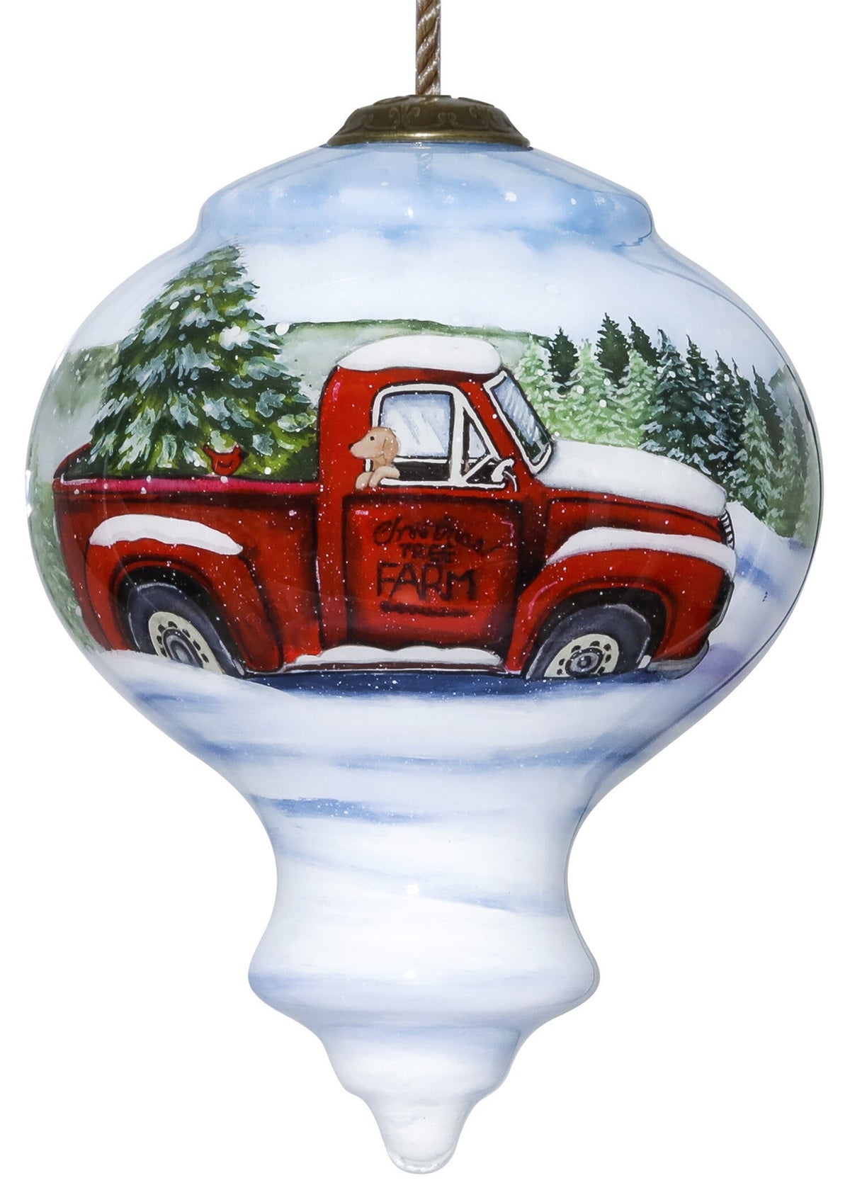 Red Farm Truck with Tree Hand Painted Mouth Blown Glass Ornament W2B