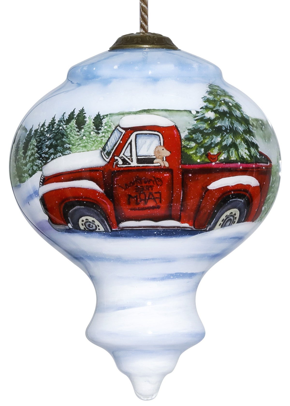 Red Farm Truck with Tree Hand Painted Mouth Blown Glass Ornament W2B